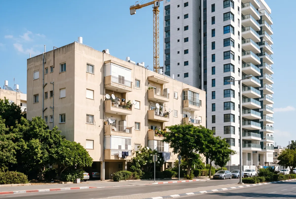 שיכון ישן משנות השישים ולידו מגדל חדש בבנייה עם עגורן